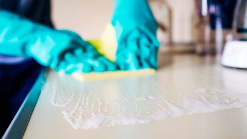 Close-up of fabric furniture being cleaned in South East London